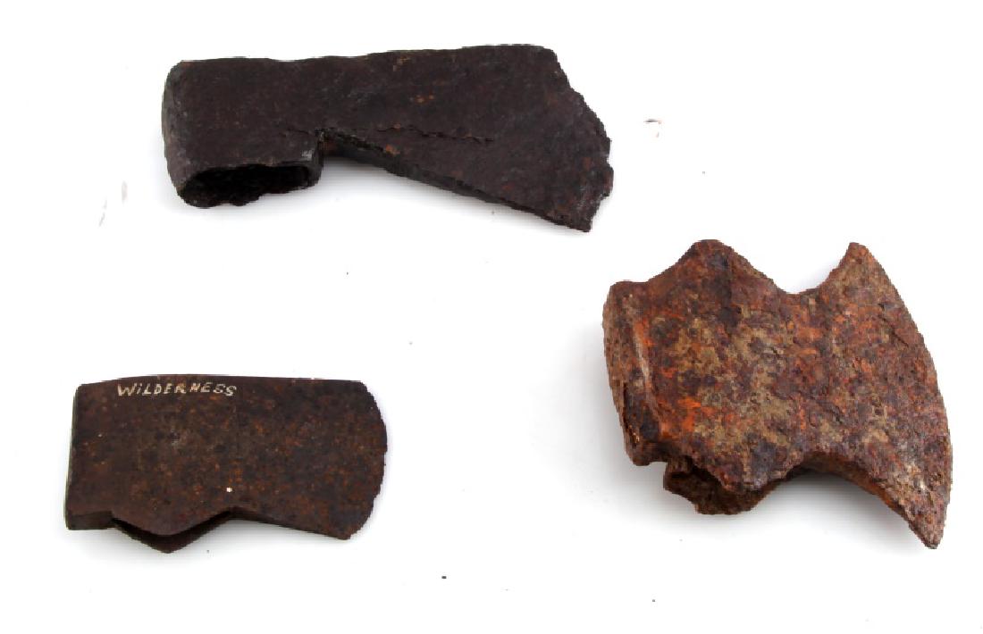 3 CIVIL WAR DUG IRON AXE HEADS HATCHET ARTIFACT: Lot of 3 antique cast iron axe heads ranging in size and condition. 1) 5 1/2"x 5 1/2", rust present, possible repair in one area, clearly defined blade. 2) 7 1/2"x3" dark colored, small writing in red