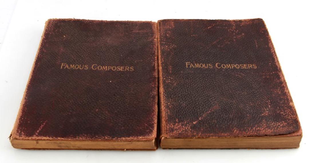 LOT ANTIQUE FAMOUS COMPOSERS & THEIR WORKS BOOKS: Lot of 2 - "Famous Composers and Their Works" Vol. 1 (?) and Vol. 3. Copyright 1891. Covers in poor condition - heavy wear, tear. Pages in good condition and intact. Books measure 8 1/2"x11 1/2" ea.