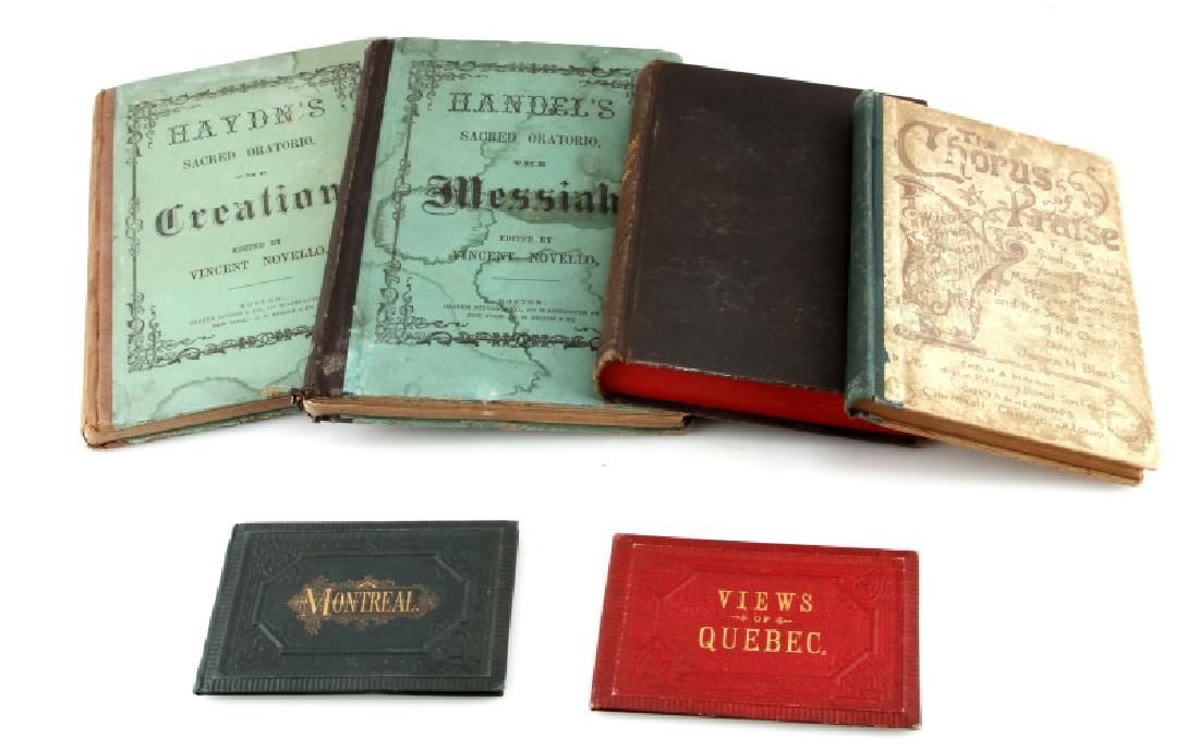 ANTIQUE HARD COVER SPIRITUAL SONG BOOKS & VIEWS: Four hard cover song books plus Views of Quebec and Montreal. Titles include: Spiritual Songs selected and arranged by Rev. Charles S. Robinson, D.D. (1878), The Chorus of Praise edited by J.M. Black 