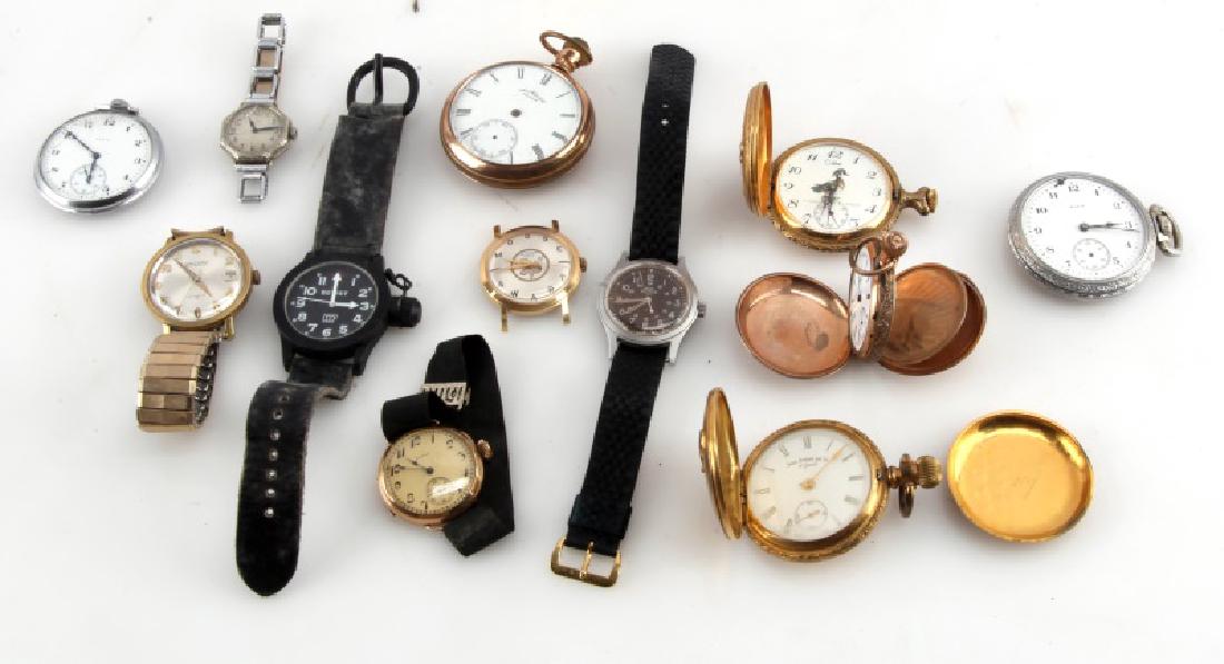 COLLECTION OF VINTAGE POCKET & WRIST WATCHES: Small collection of vintage pocket and wrist watches, 12 total. Some gold fill, some engraved, some running and some need servicing. Some names include: Elgin, Waltham, Colibri, Sears Roebuck & Co., a