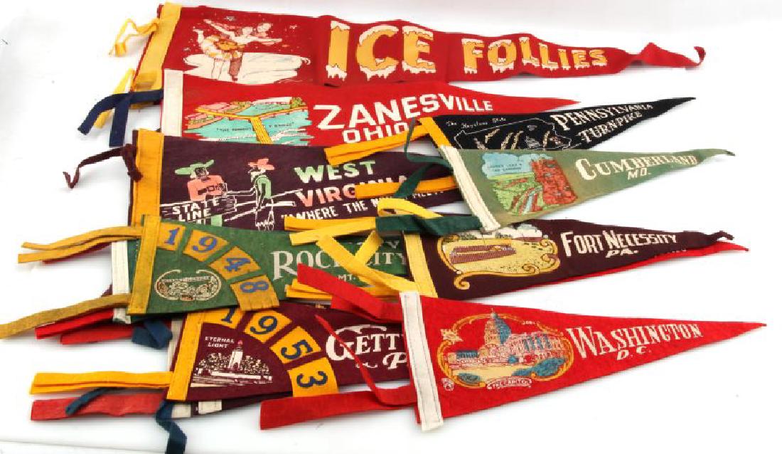 LOT OF 13 VINTAGE FELT PENNANTS ICE FOLLIES STATES: This vintage lot of 13 felt pennants includes: "The Capitol - Washington D.C.", "Lover's Leap & The Marrows -Cumberland, MD", "Pennsylvania Turnpike", "Fort Necessity, PA", "Blue Hole - Castalia, OH",