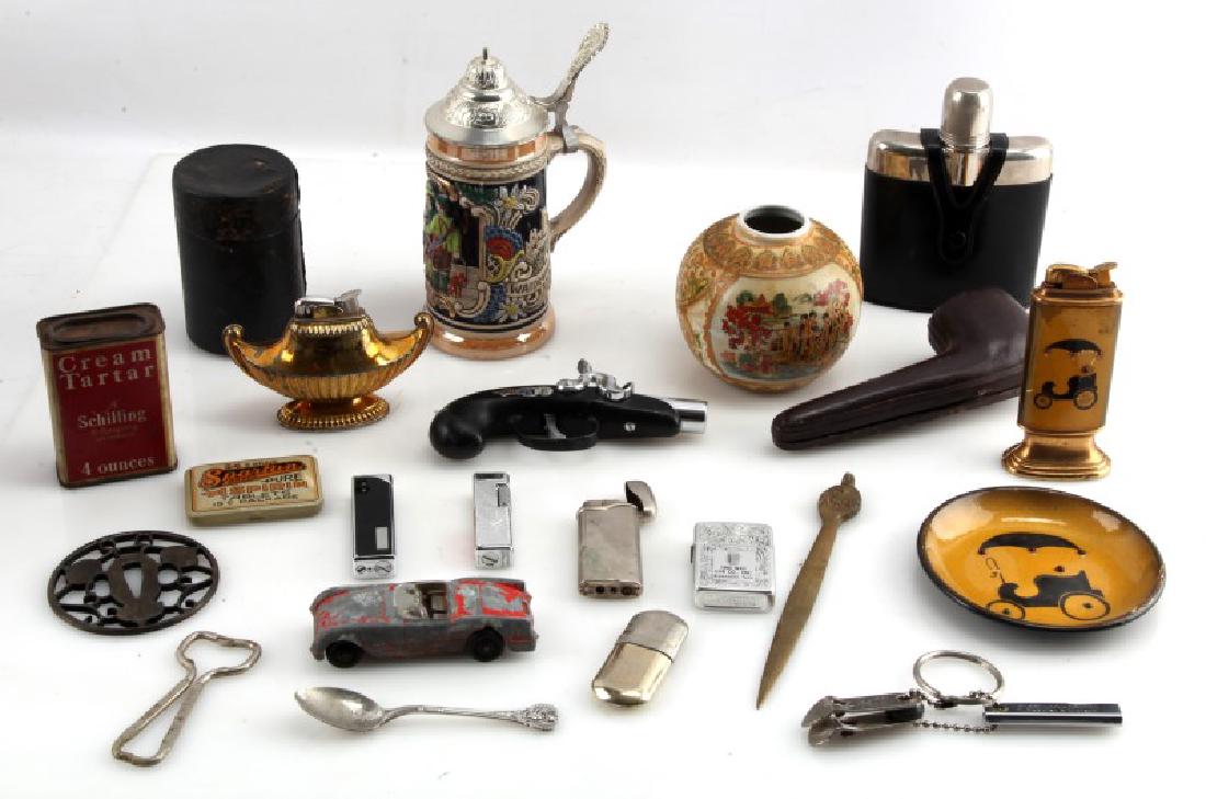 ASSORTED LOT OF 20 PLUS VINTAGE HOUSHOLD ITEMS: To include but not limited to Several lighters untested, pipe case, Porcelaine beer stein, bottle opener, letter opener, can opener, flask and many more.