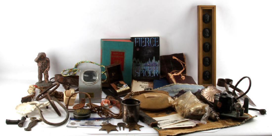 MIXED GENERAL ANTIQUE LOT TOOLS AIR PUMP BOTTLES: General antique lot to include: Oscar Co. Model 1 aquarium pump Redmond motor, Tower Slide viewer, 5 glass bottles, large iron fish hooks, books, knife, gun reloading cans, Deputy badges, silver plate