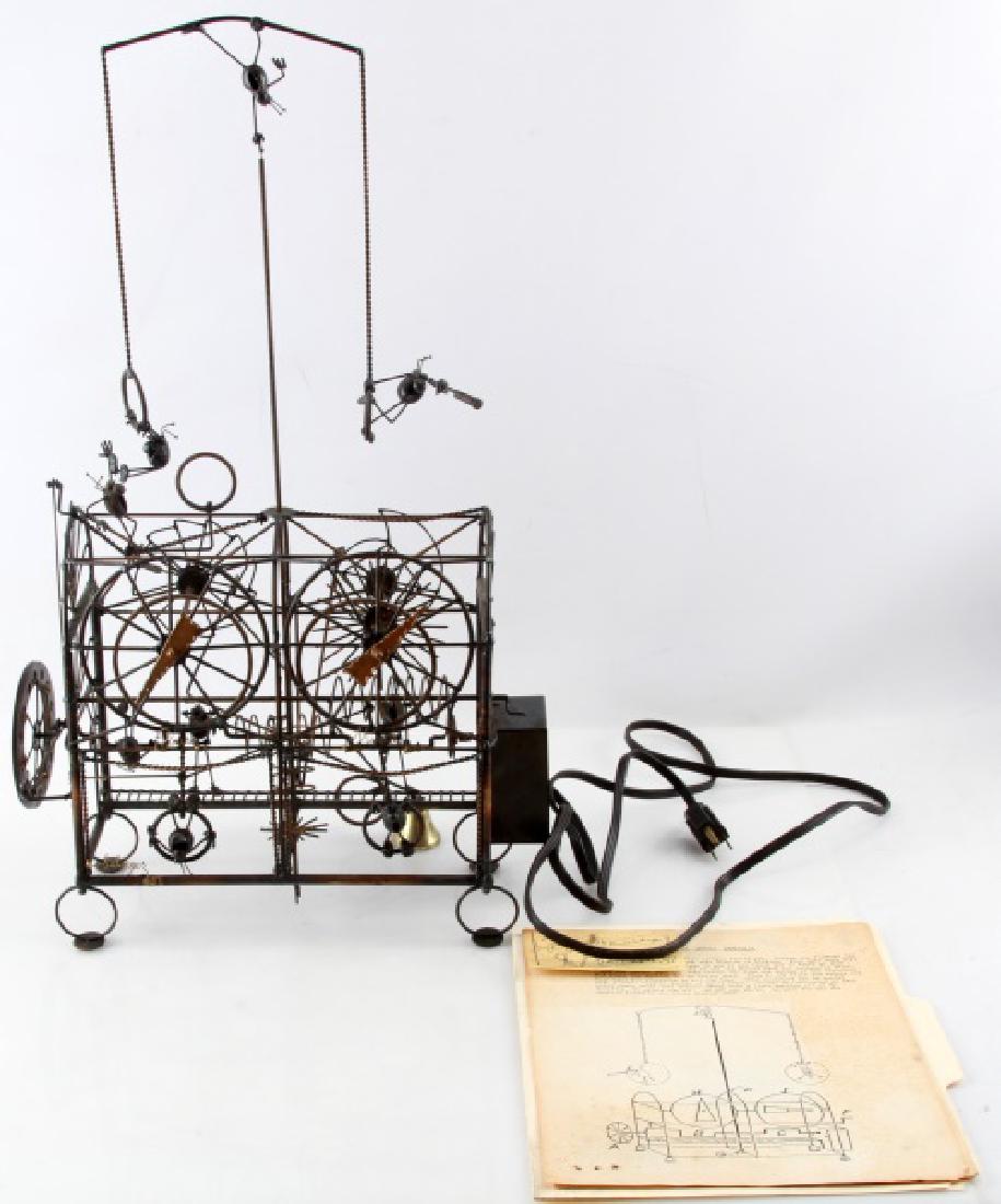 VINTAGE KINETIC FLEA CLOCK R BRUCE SALINGER: Flea clock made by kinetic artist and inventor R. Bruce Salinger. Entitled, "Nine Flea Time Piece". Comes with mock patent documentation, and instructions. Signed in wire lower left. Tested and appear