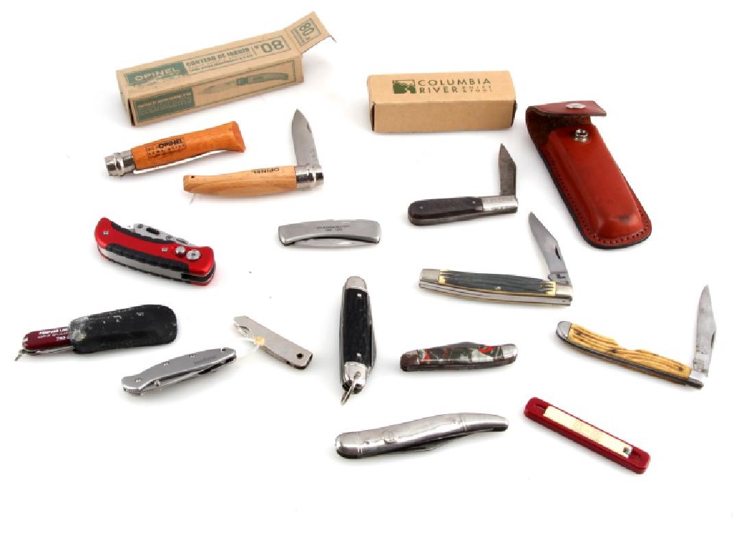 15 VINTAGE TO MODERN KNIVES BARLOW KERSHAW IMPERIA: 15 vintage to modern knives. Includes but not limited to Sabre, Imperial, OMOR, Kershaw, Opinel, Columbia River Knife and Tool, Kamp King.
