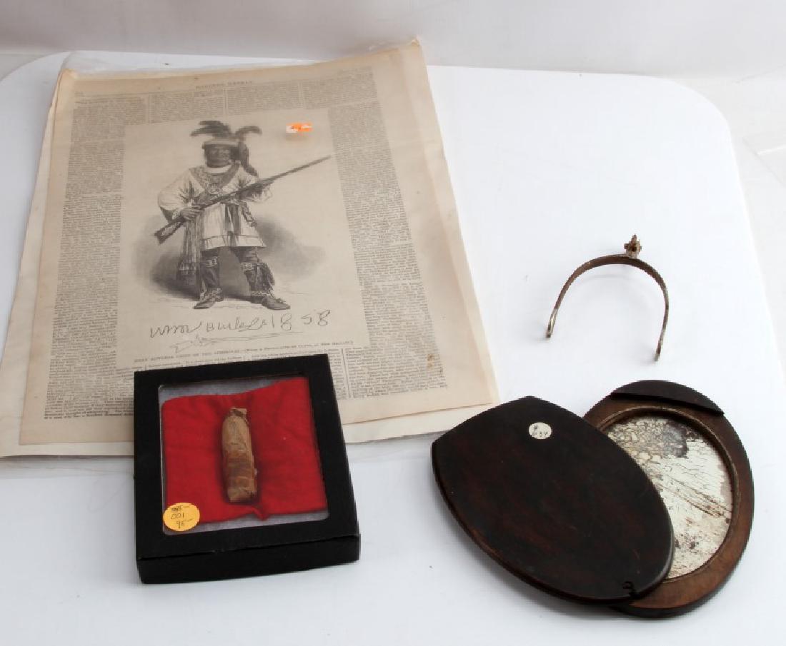 LOT OF ASSORTED COLLECTIBLE CIVIL WAR ITEMS: Lot includes a handheld mirror with a swivel cover, a paper bullet, a page of the Harper's Weekly on Billy Bowleg Native American soldier in central Florida and New Orleans, and a cavalry spur.