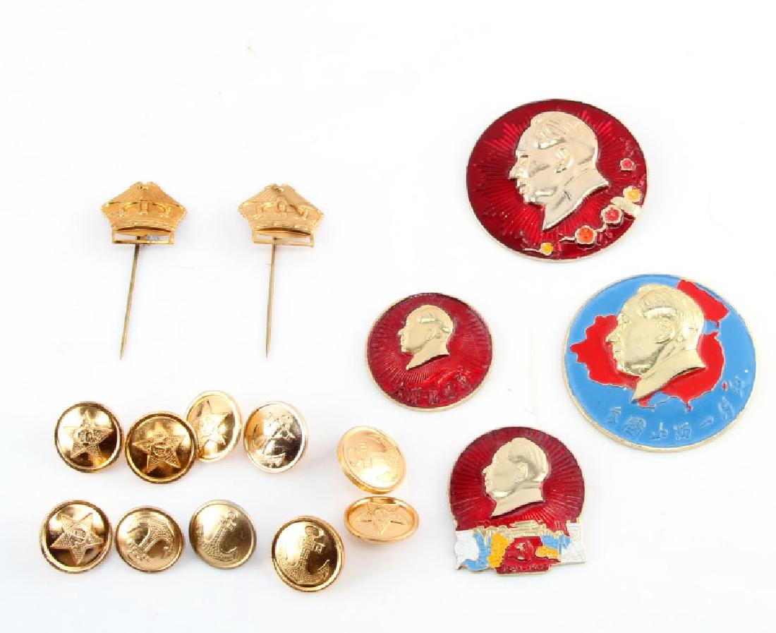 LOT OF 16 COMMUNIST CHINA & U.S.S.R SOVIET MEDALS: Grouping of 16 communist China & USSR Soviet medals, pins & buttons. 16 total items Include: 2 gold-colored stick pins of a crown with no markings on obverse, 2 large circular medals with Mao's image 