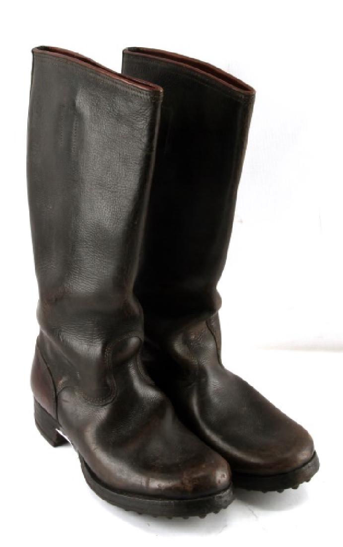 VINTAGE WWII GERMAN ARMY LEATHER JACKBOOTS: Vintage leather WWII (pre-1945) brown German military combat jackboots with wooden hobnail soles. Boots in nice condition for age, minimal wear to soles, slight wear to boots and a few small scuffs ne