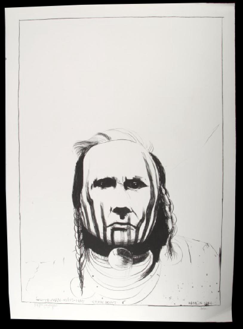 LEONARD BASKIN BLK & WHT LITHO CROW SCOUT SIGNED: Leonard Baskin (American, 1922-2000) signed black and white lithograph, Crow Scout, 1974. Proof from cancelled plate. Signed to LR. Measures 37.5 by 27 inches. Very good unframed condition.
