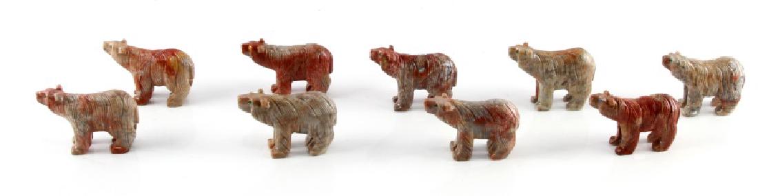 LOT PERUVIAN SOAPSTONE BEAR SCULPTURES HAND CARVED: Lot of 9 hand-carved figurines. Nice detail. Colors vary slightly due to nature of natural material. Measure 2 3/4" x 2 1/4" each.