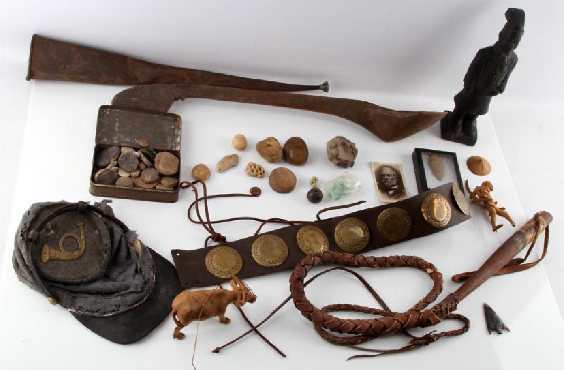 LARGE ASSORTED ANTIQUE LOT NATIVE AMERICAN & MORE: Large General Antique lot containing mostly Native American and colonial era items and antiques: Leather medallion studded Indian Belt, wooden cauldron spoon, Pair of antique leather horse stirrups, g
