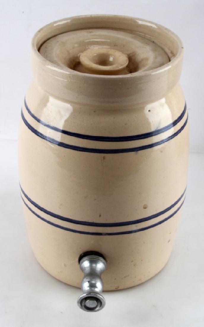 HAND TURNED MARSHALL POTTERY STONEWARE WATER CROCK: Blue stripes. Decoration not able to dispense water. Marked hand turned 1 Marshall pottery.