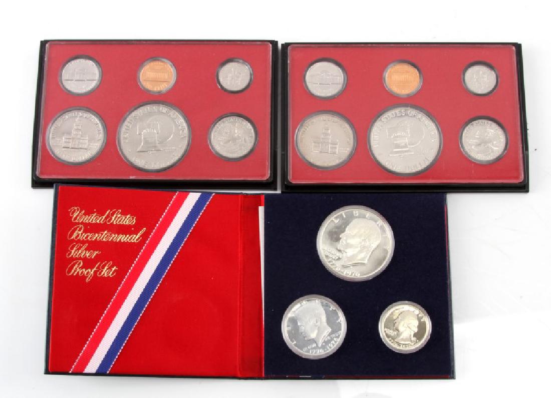 1976 PAIR OF USA PROOF SETS & BICENTENNIAL PROOF: Pair of 1976 U.S proof sets with Ike Dollar, Kennedy Half, quarter, dime, nickel & penny all proof - like in their shine and luster, in mint condition inside original U.S mint packaging. Also included