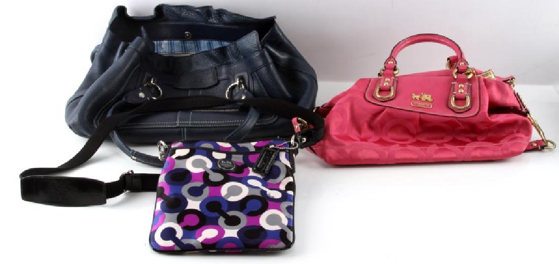 LOT OF 3 COACH PURSES DESIGNER HANDBAGS & TOTES: Includes a purple, blue, white and gray sling bag (No H0982-43381 appx 7 1/2" wide by 8 1/2" tall), a pink tote (No B0885-12947 appx 12 1/2" wide by 7" tall) and a navy blue, leather boho tote (No K08