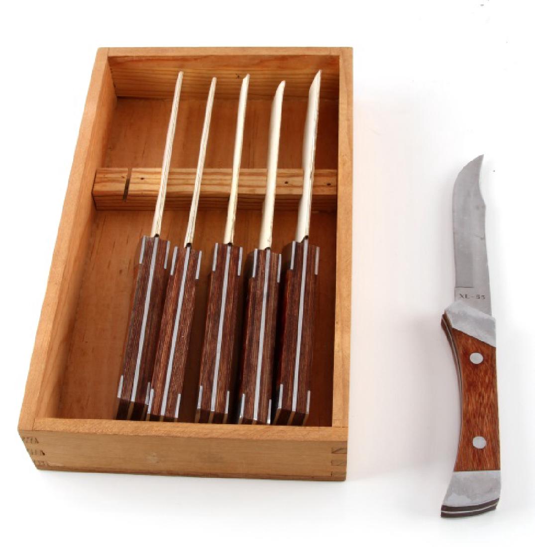 SET OF 6 BLOOMINGDALES STEAK KNIVES SUPREME XL 55: Set of six (6) steak knives in wooden crate style storage box. Each knife sits in its own groove and has a protective cardboard sleeve over each blade. Wooden handle with full tang and steel rivets. K