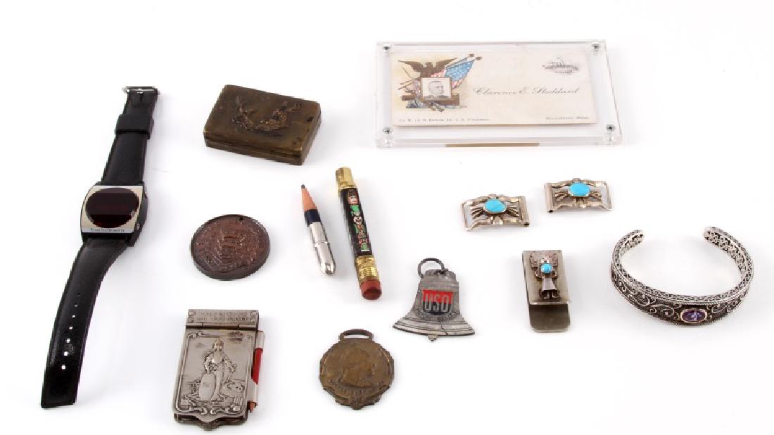 LOT ANTIQUE EPHEMERA USO TURQUOISE BRASS PILL CASE: Antique lot includes: 2" brass pill box, 4" square Alaska "bullet pencil", 2.5" paper/pencil set with metal cover, 1.75" silver (?) money clip w/turquoise stone, 1.5" copper "perfect school attendance
