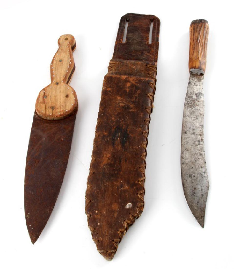 LOT VINTAGE KNIFE W FAUX BONE HANDLE & IRON DAGGER: Lot of two (2) edged weapons includes: 1) 12 3/4" knife (blade is 9") with faux bone handle in wood and leather sheath. Sheath measures 16". Rust and wear to blade, possible repairs to handle (?). 1/2