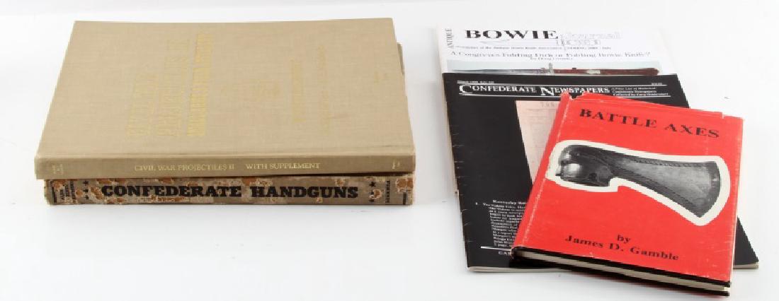 LOT MILITARY & WEAPONS BOOKS CONFEDERATE CIVIL WAR: Lot of four books and one newsletter includes: 1) "Civil War Projectiles II - Small Arms & Field Artillery, With Supplement" (11 1/4" x 8 3/4", hardcover), 2) "Confederate Handguns: Concerning the Gun