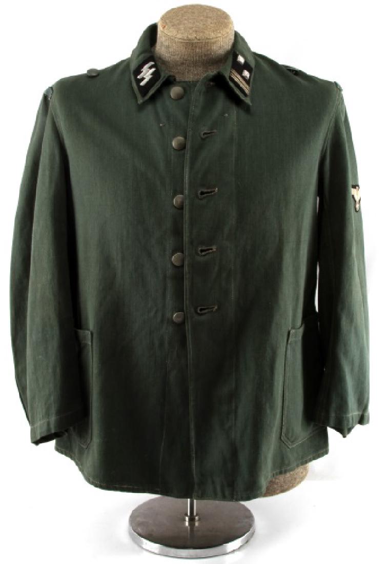 NSDAP WAFFEN SS DIVISION DRILL TUNIC + COLLAR TABS: German NSDAP Waffen SS division drill tunic complete with Waffen SS collar tabs for the highest Non-Commissioned Officer's rank of Sturmscharfuhrer. Collar tabs have been embroidered on the collar, in