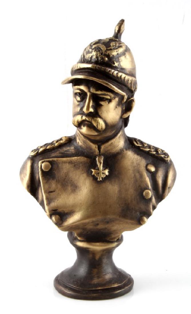 7 INCH OTTO VON BISMARK BRONZ BUST: 7" (approx.) bronze bust of Otto von Bismark, a conservative Prussian statesman who dominated most of German and England affairs during the 1860s-1890s. Bust is in very good condition, some slight dis