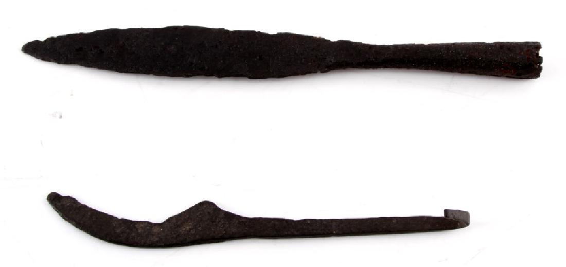 VIKING SICKLE AND SPEAR HEAD C 866 TO 1067 AD COA: One Viking Sickle and one Viking Spear Head (c. 866-1067 A.D.). Sickle measures approximately 7" long and spear measures approximately 9 1/4". Both come with COAs from Fagan arms, dated in 2014 and 20