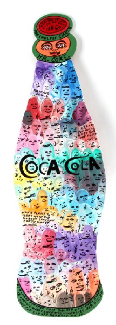 HOWARD FINSTER MR COKE BOTTLE 1989 SIGNED: Howard Finster (1916-2001) was a visionary or "outsider" artist from Georgia, known for his folk art sculpture garden, "Paradise Gardens", as well as for his album cover designs for artists such as R.