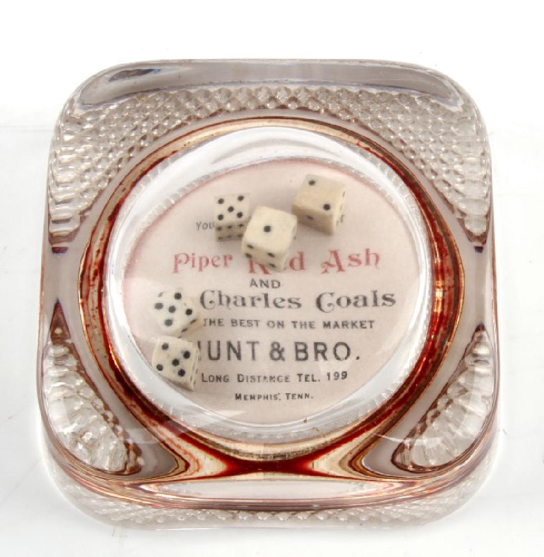 1903 ADVERTISING PAPER WEIGHT DICE UNDER GLASS: "You can gamble on it that our Piper Red Ash and St. Charles Coals are the best on the market Hunt & Bros. long distance Tel. 199Memphis Tenn. Near excellent condition patent 1903 on bottom. 3 by 3 in