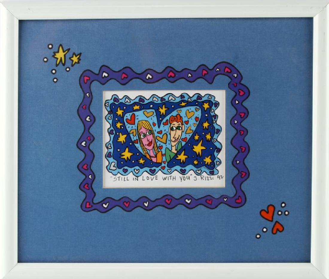 JAMES RIZZI STILL IN LOVE WITH YOU 92 PAINTED MAT: Matting around print is hand painted, presumably by artist. LR print reads, "te Neues Reproduktion". Measures 5 3/4" by 4 3/4", framed to 15 1/4" to 13 1/4".