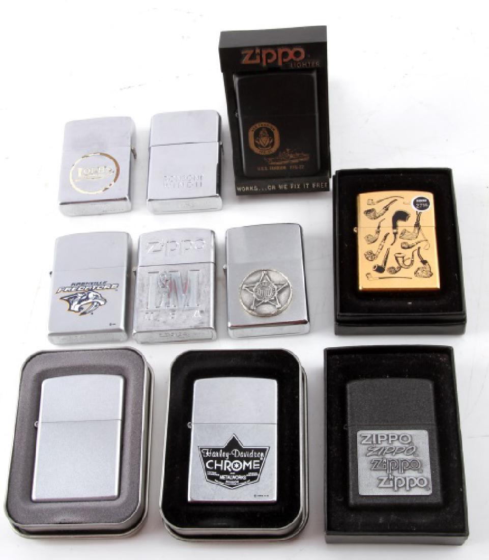 LOT OF 10 WINDPROOF ZIPPO ADVERTISEMENT LIGHTER: Grouping of 10 Windproof Zippo Advertisement Lighters including 4 which are brand new unused with original boxes. Adverts include: Nashville Predators, Loeb's cleaners, L&M, Harley Davidson Chrome & M