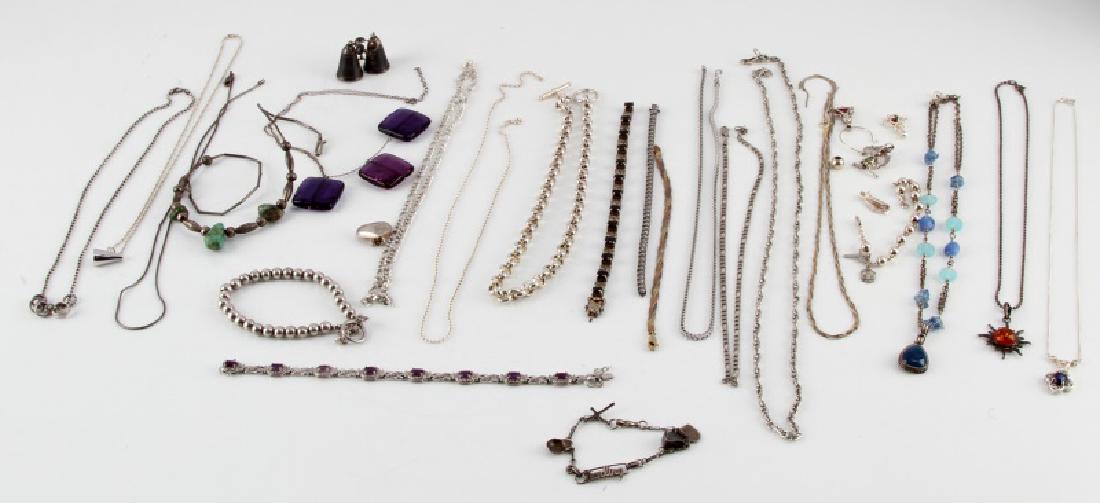STERLING SILVER 925 JEWELRY LOT 274 GRAMS: Mixed lot of necklaces, bracelets, chains, and more. In a range of styles and conditions. Weighs 274 grams, including enamel and stones.
