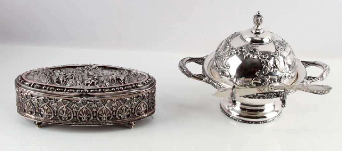 ANTIQUE SILVER BUTTER DISH & JEWELRY CASKET: Butter dish has monogram in front, indicating it was given as a gift. Stamped on bottom, "MERIDEN B COMPANY QUADRUPLE PLATE 5063 U.S.A.". Mark indicates it is pre-1869, before Meridian Britannia Co. m