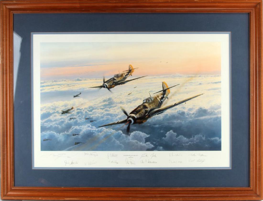 SIGNED GERMAN ACE ROBERT TAYLOR EAGLES OUT OF SUN: 350/1250 Limited edition print signed by numerous German Fighter pilots including Gunther Rolls. Large and framed measuring 42 by 32 inches including frame.