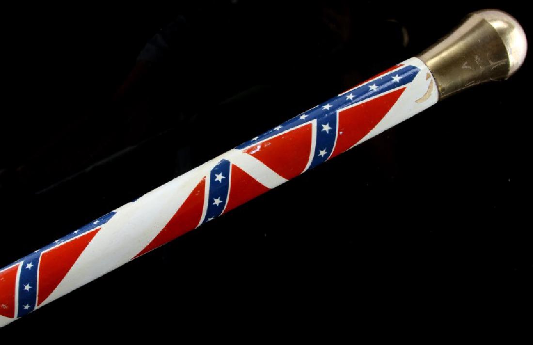 VINTAGE CSA CONFEDERATE BATTLE FLAG ADORNED CANE: 34 Inch walking stick painted white with CSA adornments, brass ferrule and top
