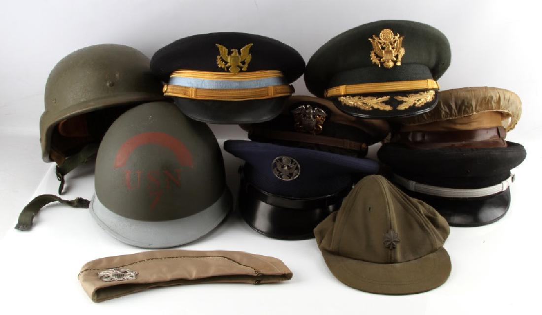 LARGE LOT OF AMERICAN ASSORTED MILITARY HEADWEAR: Lot includes khaki US Navy visor, US Army Officer's hat with gold and blue piping and trim, US Army Officer's hat, US Officer's infantry cap with rain cover, US Air Force enlisted cap, US Air Force Of