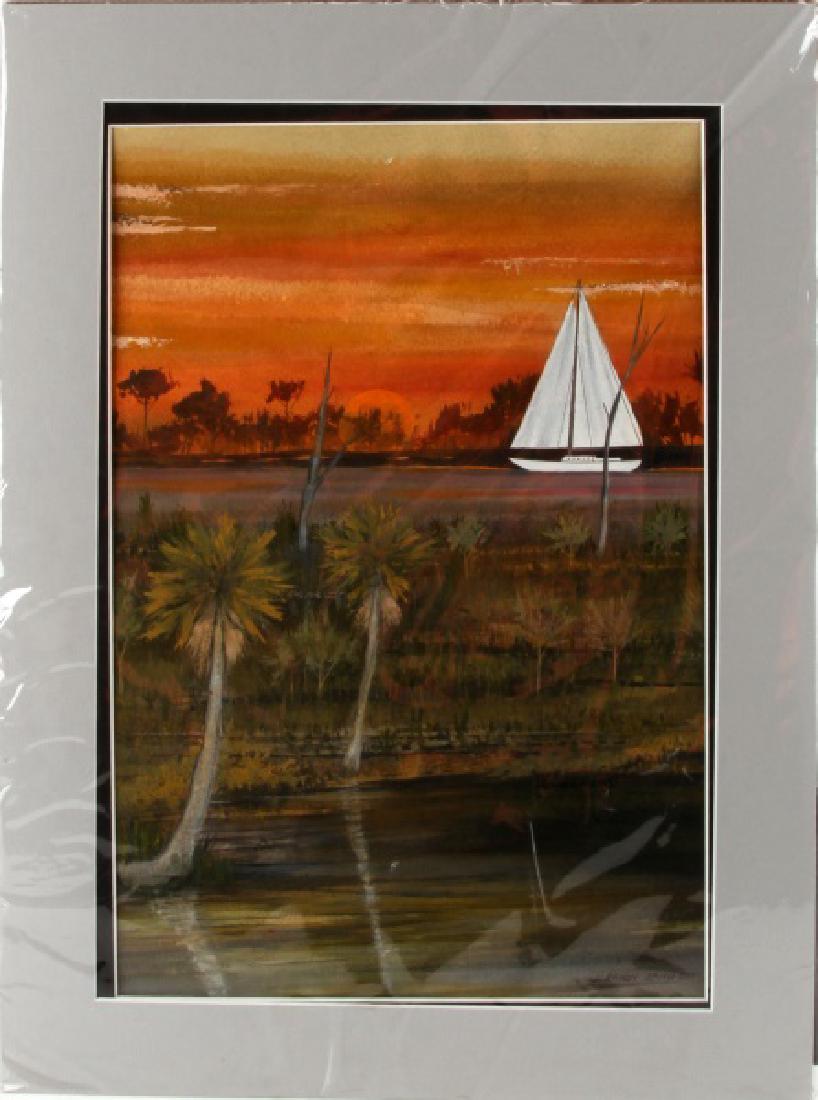 SAIL BOAT AT SUNSET ACRYLIC PAINTING RANDY SMITH: By Tallahassee-based artist J. Randy Smith. Measures approximately 11 1/2" by 17 1/2", on a mat that measures 16" by 22". Unframed and in excellent condition. SLL.