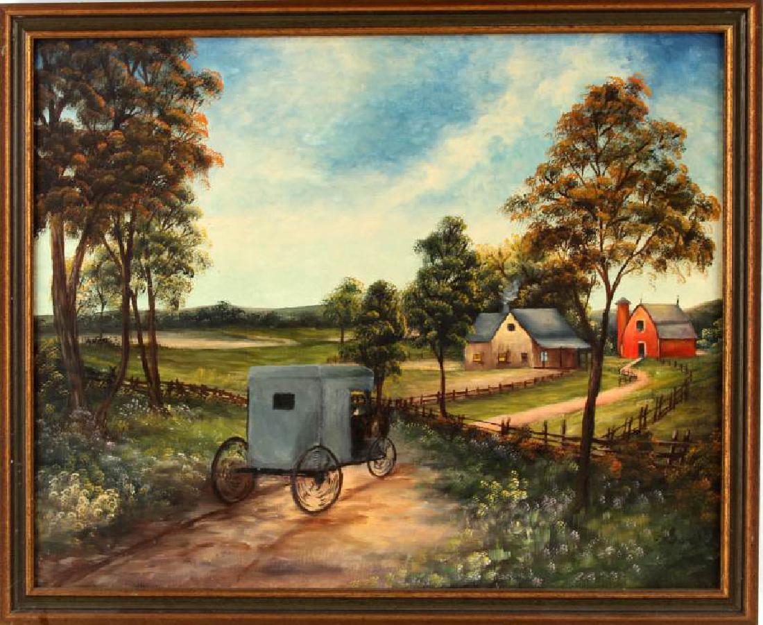 AMISH PENNSYLVANIA DUTCH PAINTING ELLINGER STYLE: Rural landscape painting by an Amish or Pennsylvania Dutch artist, in the style of David Ellinger. Measures approximately 19 1/2" to 16", framed to 21 1/2" by 18". Signed LR "SOS" or "SOR".