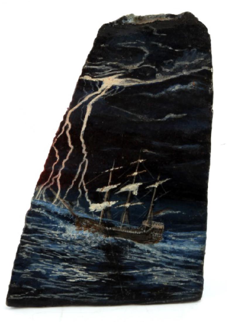 2 SIDED 7 INCH DRIFTWOOD PAINTING SAILING VESSEL: One side fair weather the other foul signed Black lower right 86.