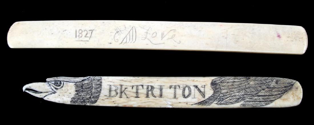 ANTIQUE BONE PAGE TURNER LOT DATES 1827 & 1860: I Is just under 10 inches the other just under 9. The B.K. Triton has been repaired. Provenance Ex Maurice Berger, Baton Rouge collection, significant age yellowing, Pre 1972, unauthenticated sold as 