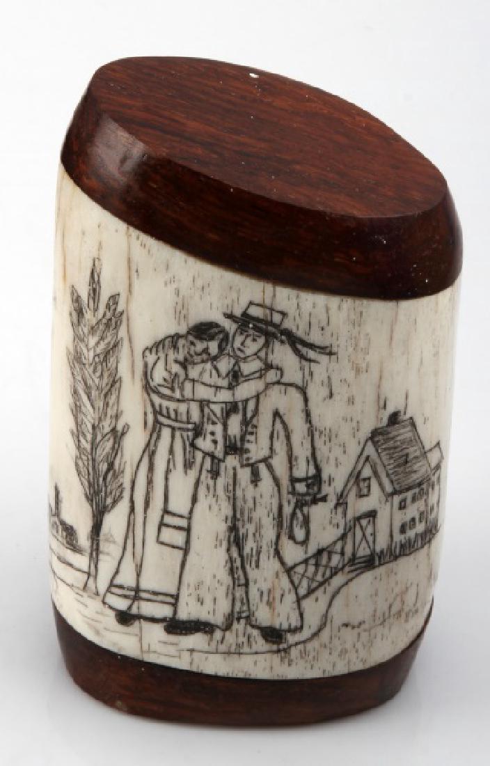 ANTIQUE BONE SCRIMSHAW SHIP SAILOR & GIRL: Nice work unsigned measures 4 inches and is capped at each end in wood.