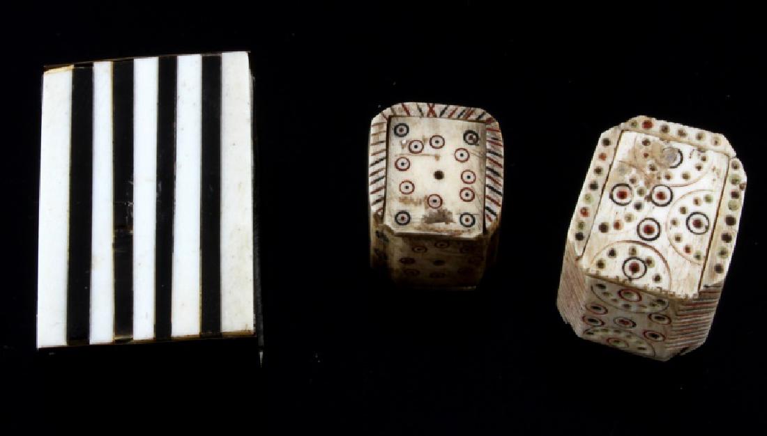 ANTIQUE BONE DOMINO BOXES & DOMINOS: 3 Boxes 2 with some dominos in them size range 2.5 by 1 inch to 1 by 1inch all very good.