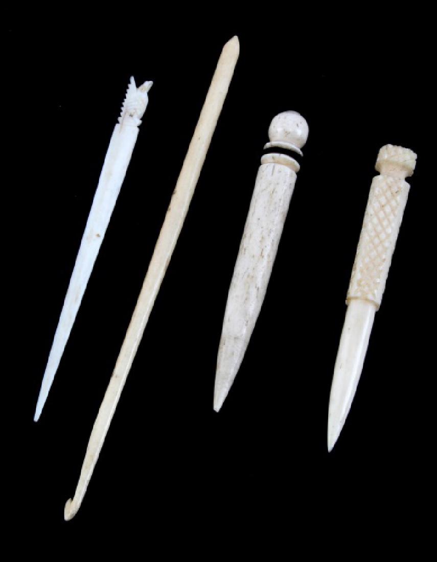 3 ANTIQUE BONE NEEDLES & 1 NEEDLE AWL HOOK: 19TH Century bone needles and an awl, measuring 3 to 5 inches.