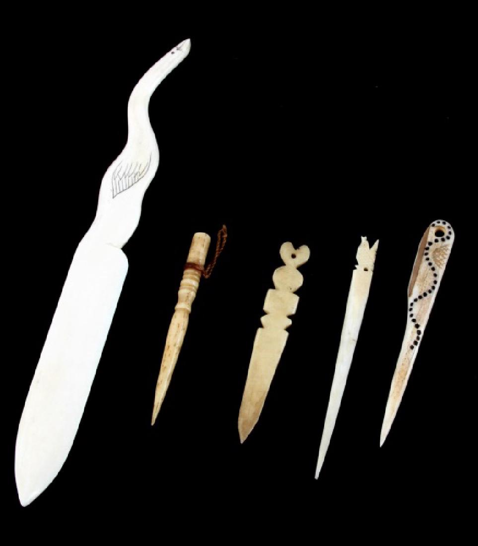 ANTIQUE 19TH CENTURY BONE NEEDLE BODKIN LOT: 5 Pieces in this lot 4 bone needles and a Walrus page turner or letter opener, size ranges from 3 inch to 7.5 inches. Provenance Ex: Maurice Berger, Baton Rouge. We cannot ship international and pleas