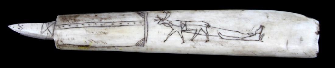ANTIQUE NORWAY REINDEER BONE SCRIMSHAW KNIFE: Measures 6 inches, significant age coloration, rather crude.