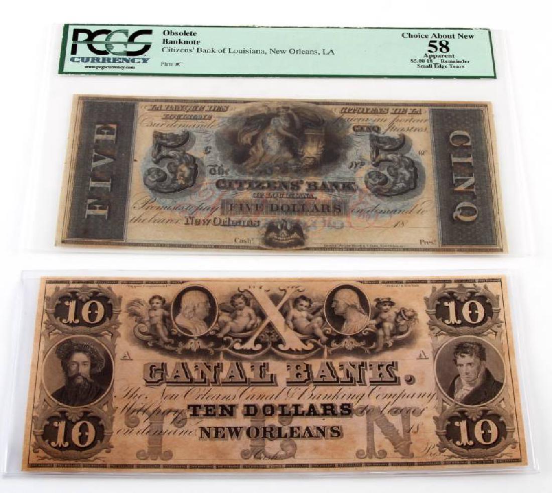 2 OBSOLETE LOUISIANA BANKNOTES $5 & $10: $5 is graded by PCGS at choice about new 58. Citizens bank of Louisiana, New Orleans,LA. 18_remainder small edge tares. Not dated or signed. The other is a $10 note from Canal bank New Orleans La. CU(