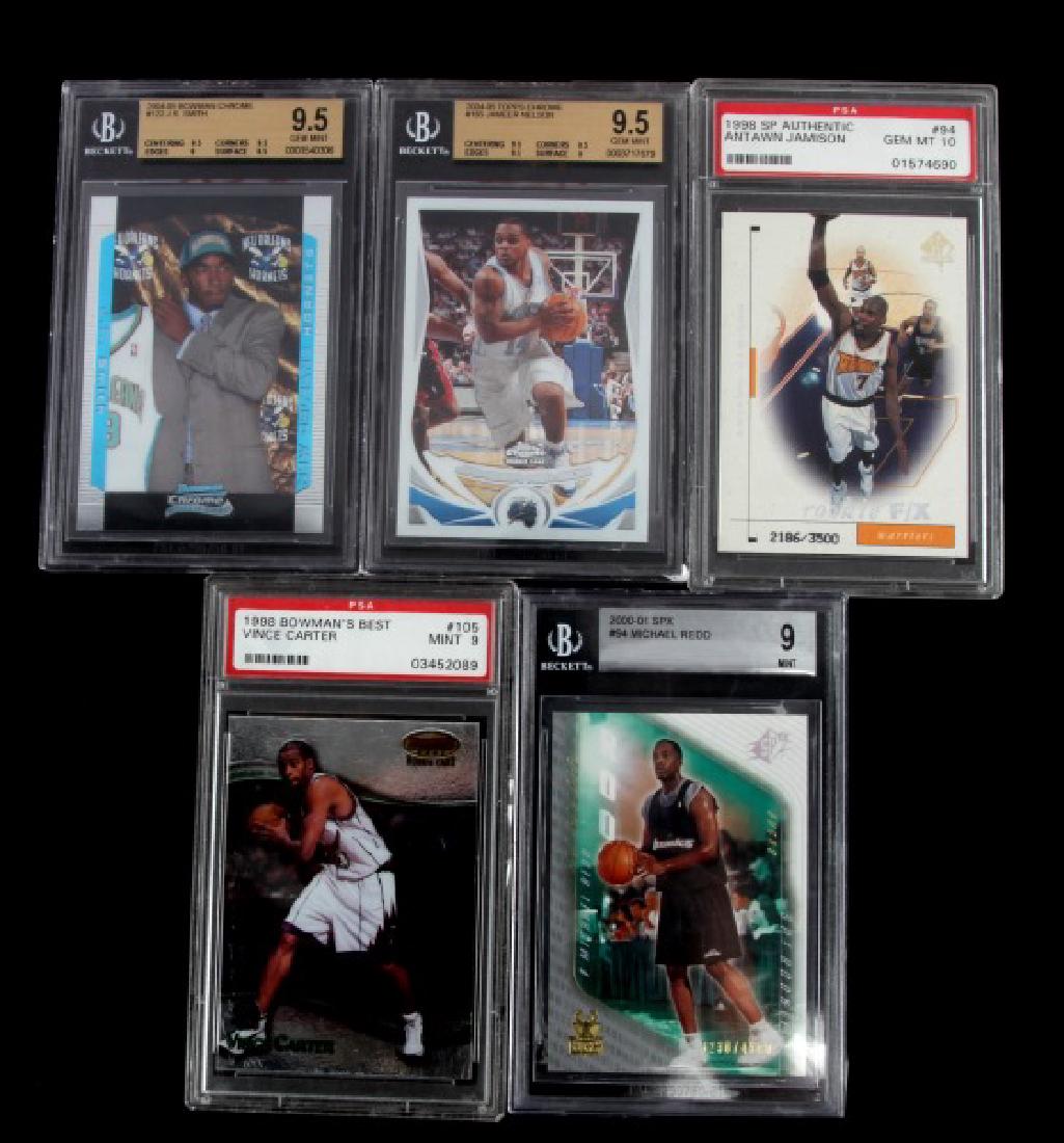 5 RARE PSA AND BECKETT GRADED BASKETBALL CARDS: 5 rare graded basketbal cards. Includes a 9 mint 2000-01 SPX #94 Michael Redd, 1998 Bowman's Best Vince Carter Mint 9, 1998 SP Authentic Antawn Jamison Gem MT 10, 2004-05 Bowman Chrome #122 J.R. Smith