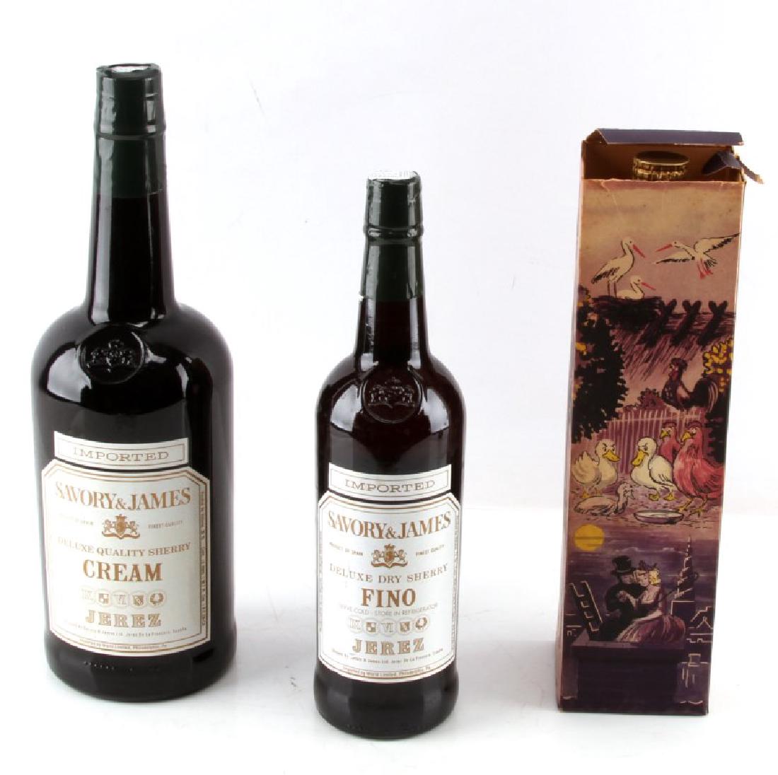 LOT OF 3 JEREZ DE LA FRONTERA SHERRY & DANISH WINE: Two Savory & James Sherries, one 1.5 liters of Cream Sherry the other a "Fino" or Dry Sherry (750 ml). One 1 pt 8 fl oz Asche-Bandor Danish cherry wine in original gift box with $0.40 tax stamp and le