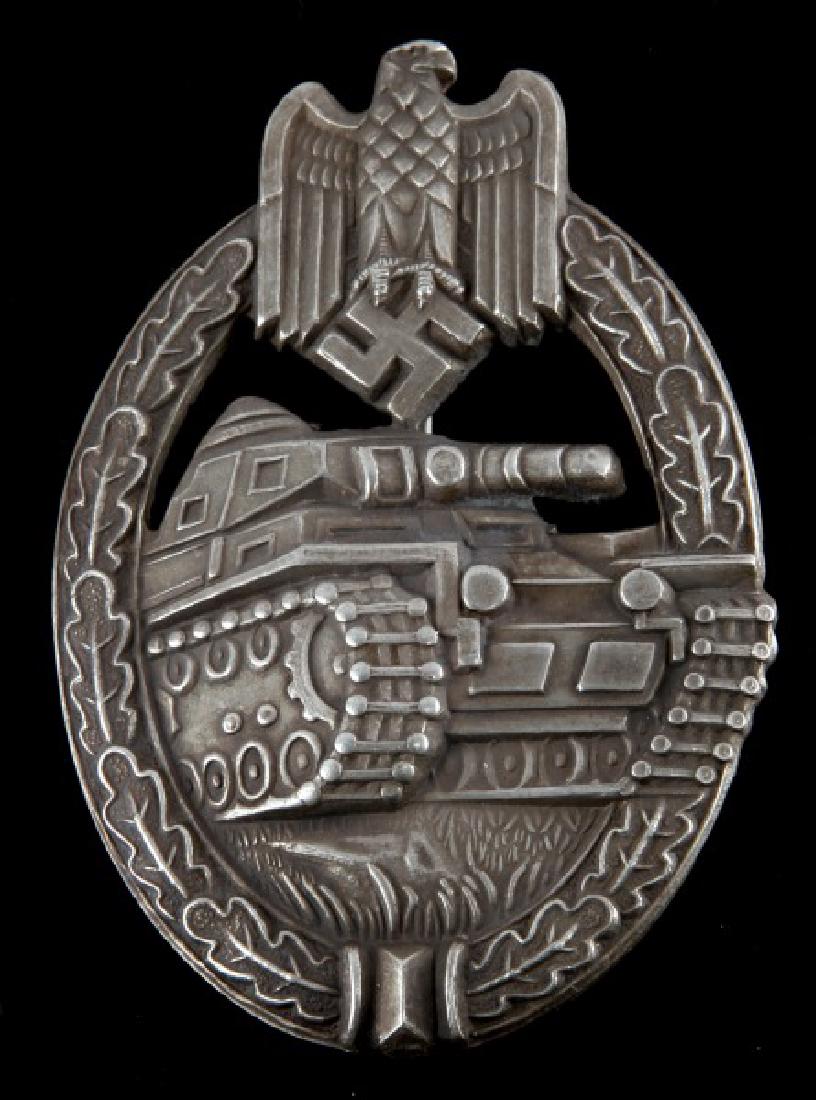 GERMAN WWII PANZER ASSAULT BADGE IN SILVER: German WWII Panzer Assault Badge in silver. Hollowback type. Unauthenticated, sold as is. This lot has a reserve.