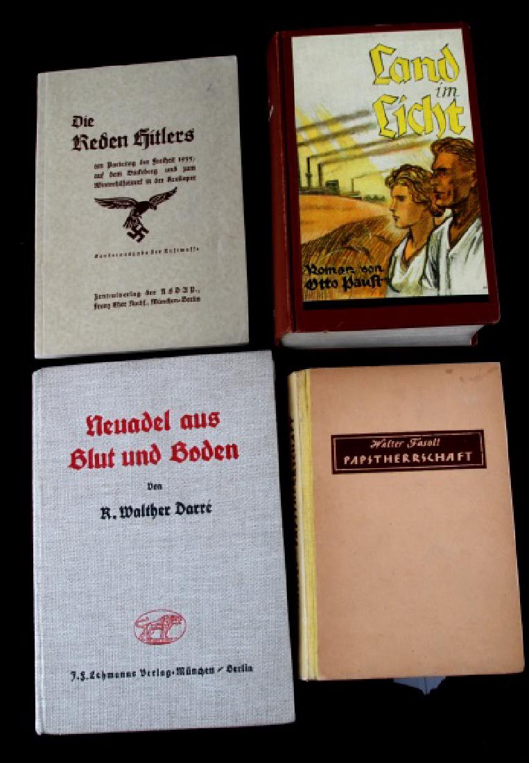 4 GERMAN WWII 3RD REICH PERIOD BOOKS: 4 German WWII 3rd Reich period books. Includes Die Reden Hitlers am Parteitag der Freiheit 1935 (The Speeches of Hitler at the Congress of Freedom 1935), Papstherrschaft (Domination of Pope), Neuadel