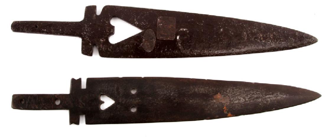 LOT 2 ANTIQUE STEEL KNIFE BLADES W HEART SHAPE: From the Jim Dressler Collection in Bargersville, IN. Lot of two (2) includes: 1) One rare 13" hand forged steel dag knife blade with heart shaped cut out. Dated 1780-1800. Found at an old trade site 