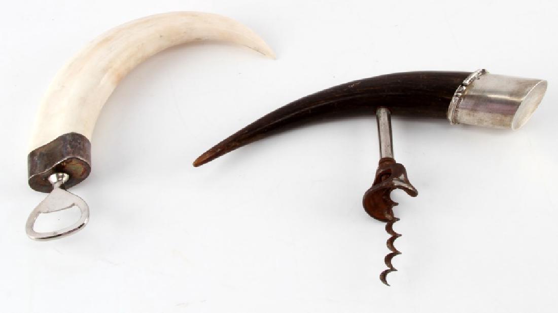 ANTIQUE WART HOG & HORN & STERLING CORKSCREW LOT: Polished wart hog bottle opener 11.5 inches along the curve, old price tag residue. The second a sterling silver stamped cap on 9 inch horn handle, each very good.